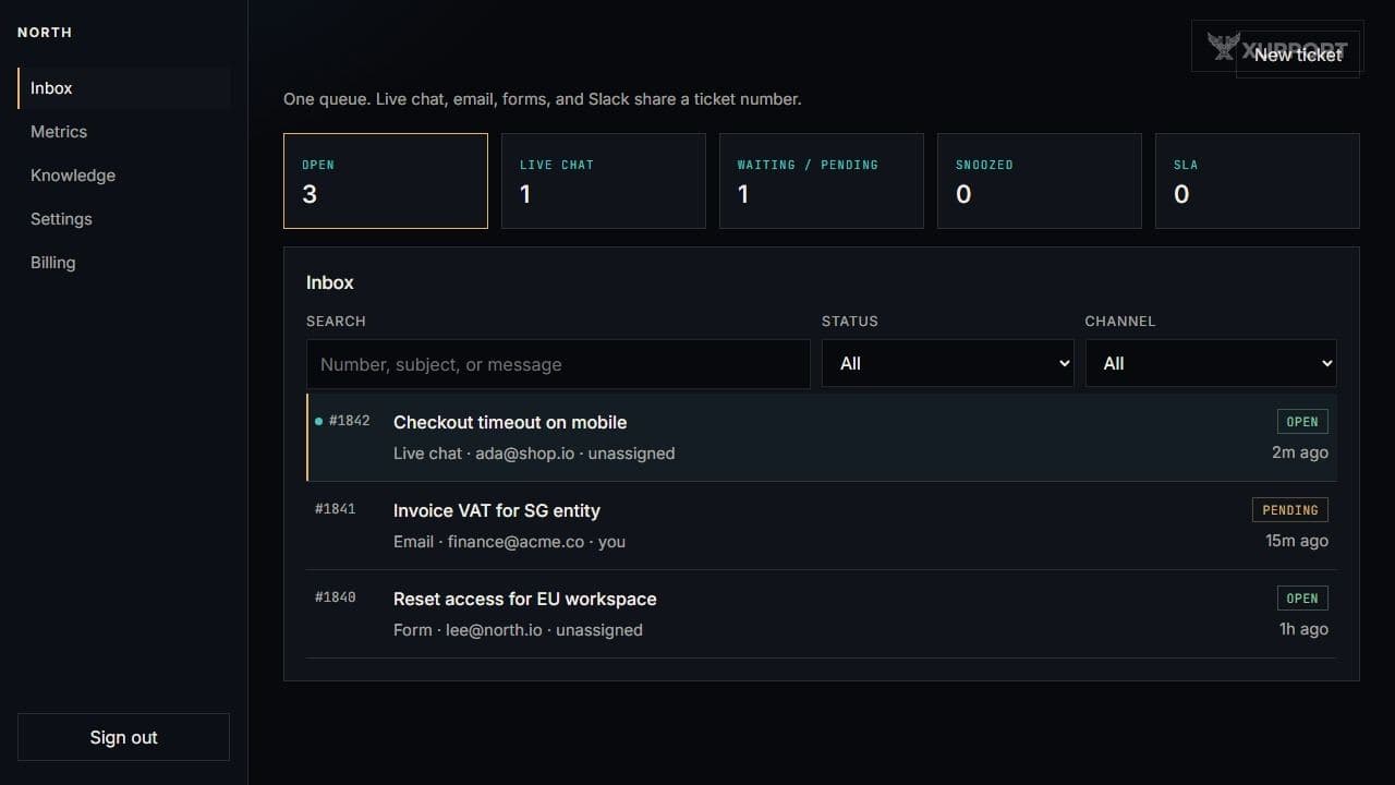 Xupport inbox with a ticket list on the left and a live-chat thread on the right.