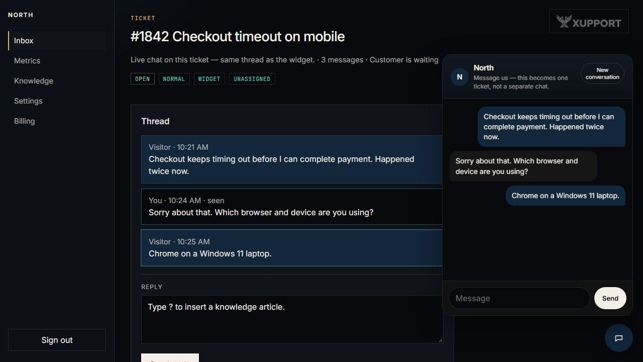 A live-chat widget open on a site, with the same conversation in the Xupport inbox behind it.