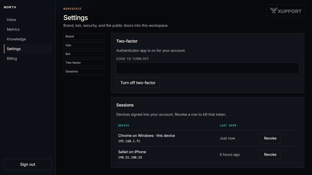 Workspace security settings: sessions, invites, and API keys on a dark screen.